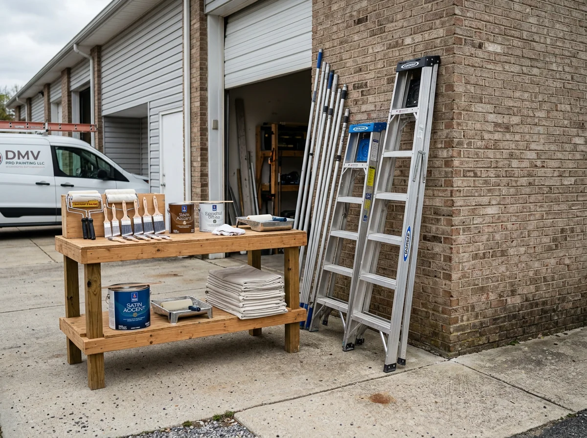 Professional painting crew with brushes, rollers, and equipment ready for interior and exterior work.