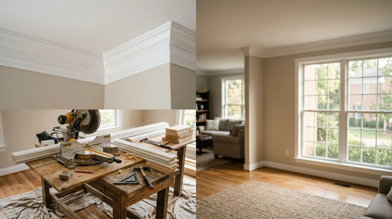 Carpenter installing custom trim in residential home