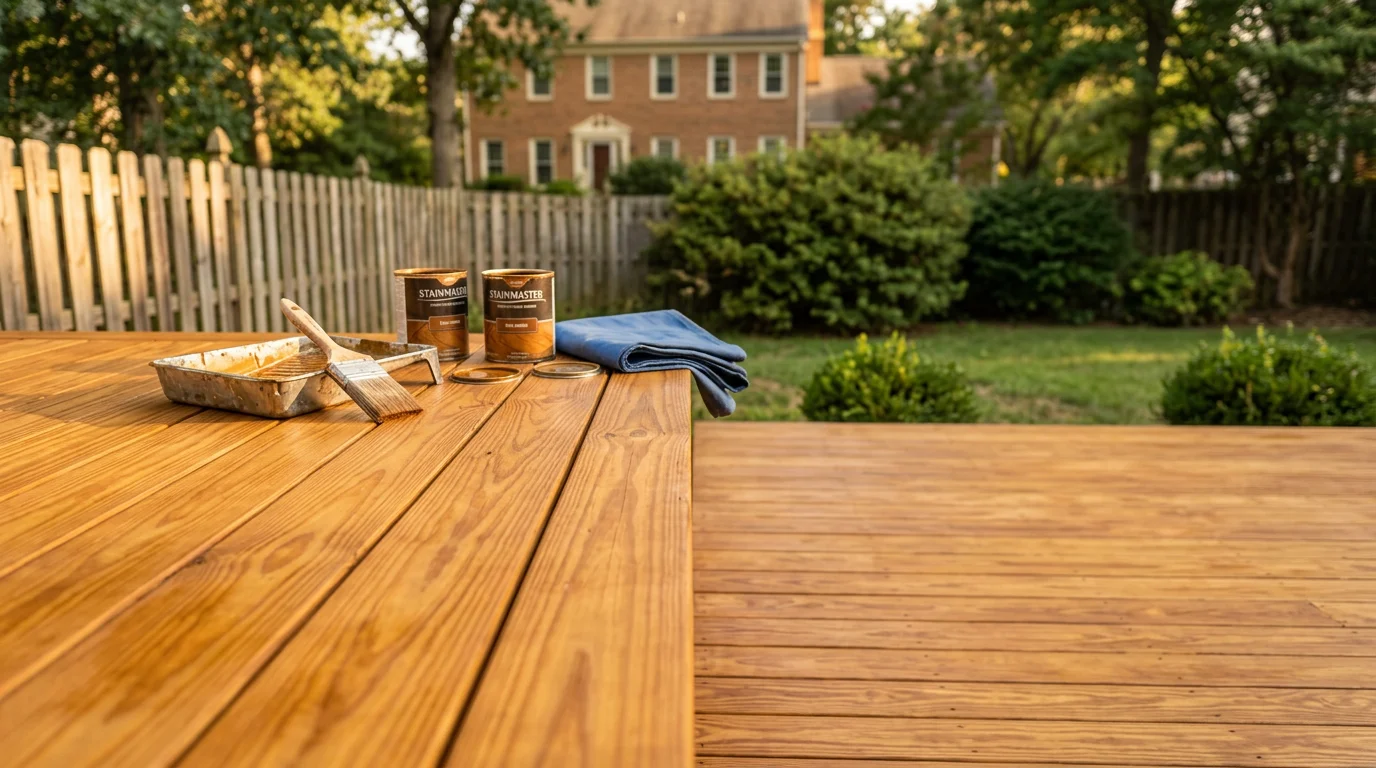 Freshly stained wooden deck in residential backyard