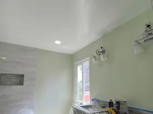 Bathroom with sage green walls, white ceiling, recessed lighting, and window trim