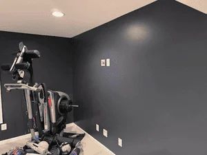 Dark charcoal painted gym room with exercise bike and weight equipment