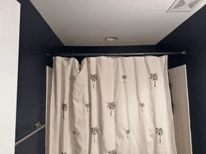 Navy blue painted bathroom accent wall with white trim and ceiling