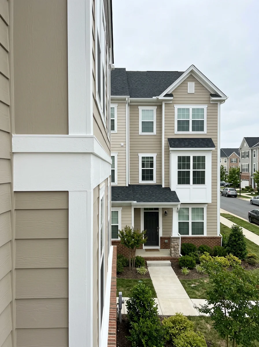 Freshly painted interior living space in a Potomac Shores townhome in Dumfries, Virginia, with clean white trim against a warm neutral wall color in an open floor plan.
