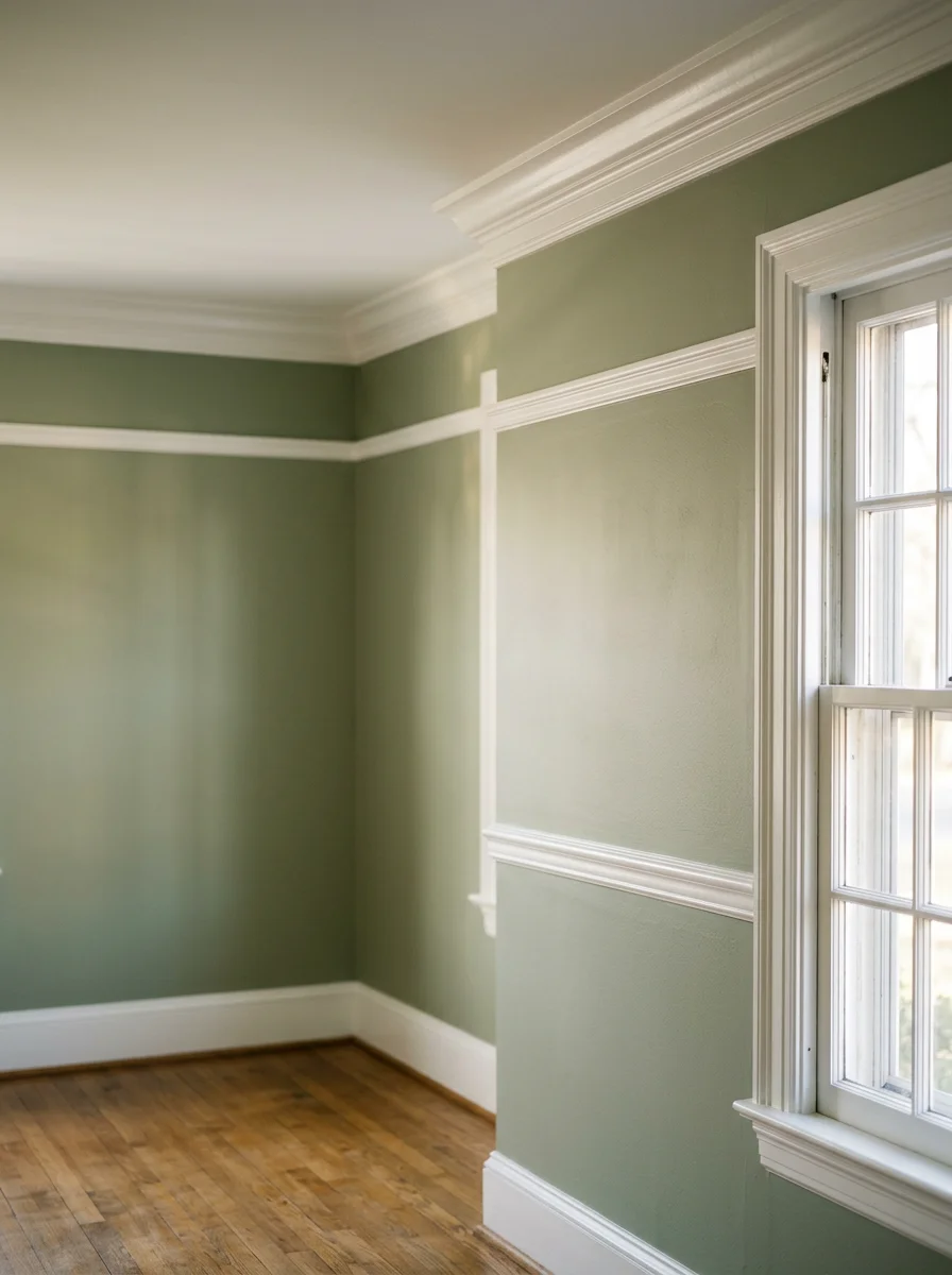 Freshly painted interior room in a mid-century Fredericksburg, Virginia home, with clean white crown molding and picture rail trim against a warm wall color.