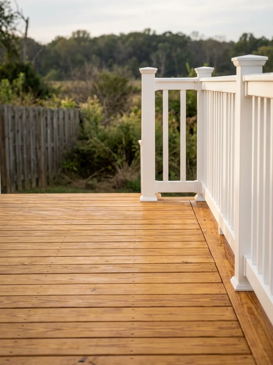 Freshly stained pressure-treated wood deck on a King George, Virginia property near the Potomac River, with clean decking boards and painted white railing posts.