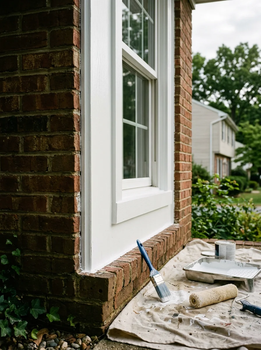 Close-up of freshly painted white wood window trim on a 1970s ranch-style home in a La Plata, Maryland neighborhood.