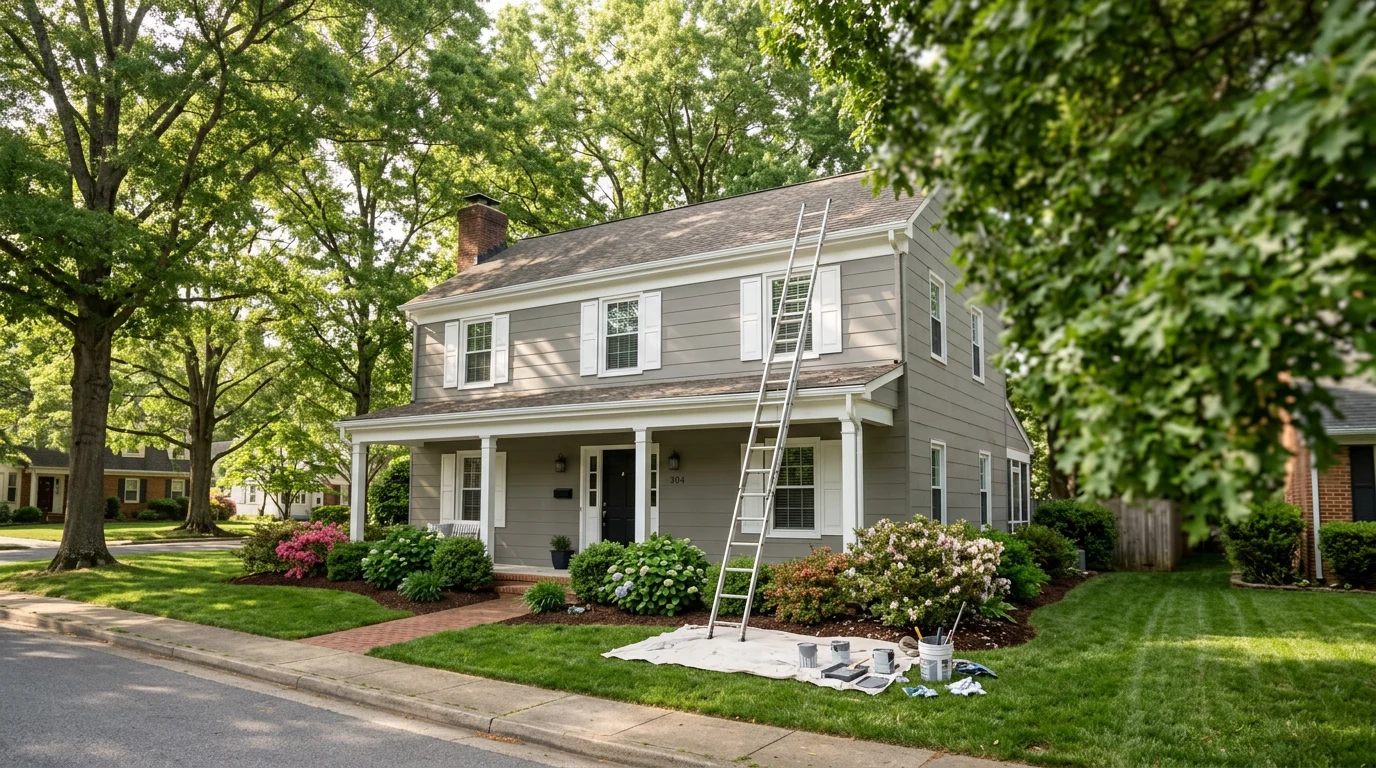 Painter applying exterior paint to a mid-century colonial home on a tree-lined street in La Plata, Maryland, with wide wood fascia boards visible along the roofline.