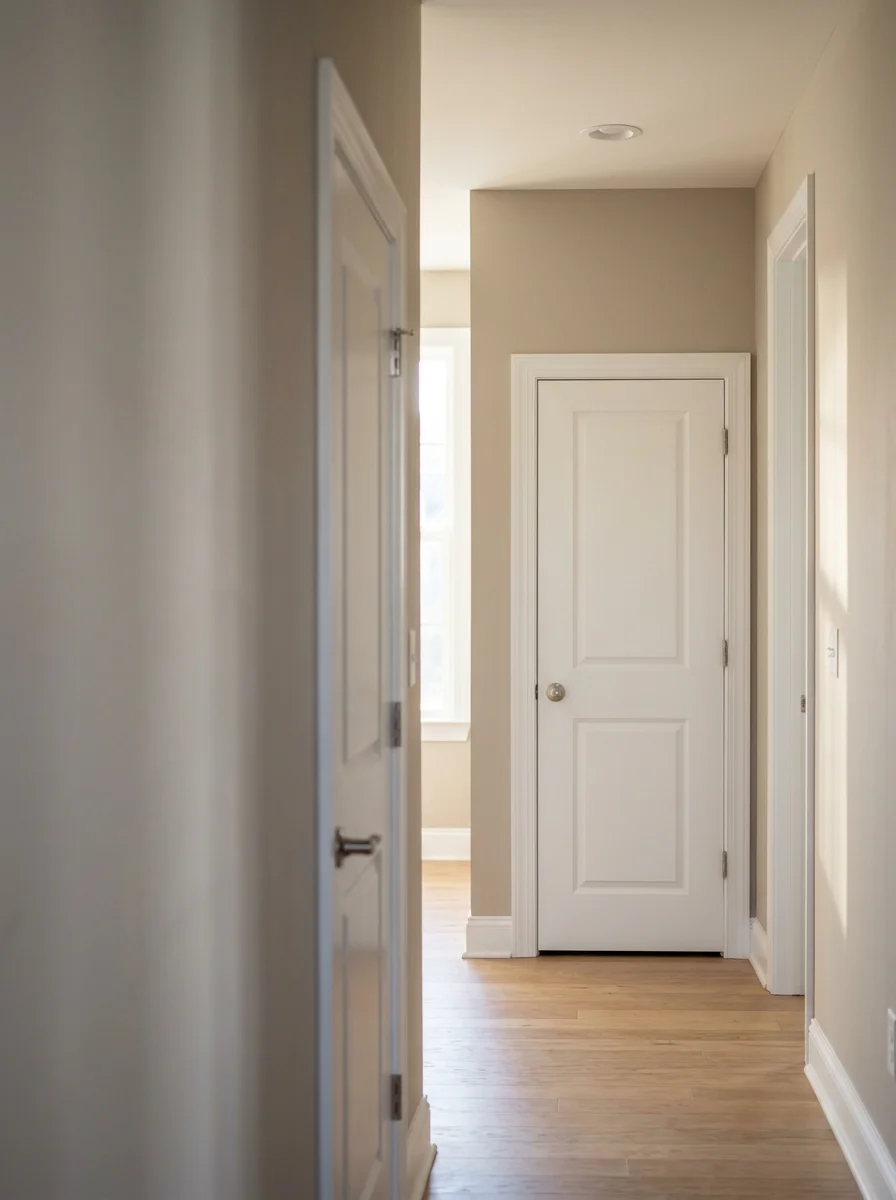 Freshly painted interior hallway in a newer townhome in the Laurel Hill community of Lorton, Virginia, with clean white trim against a warm wall color.