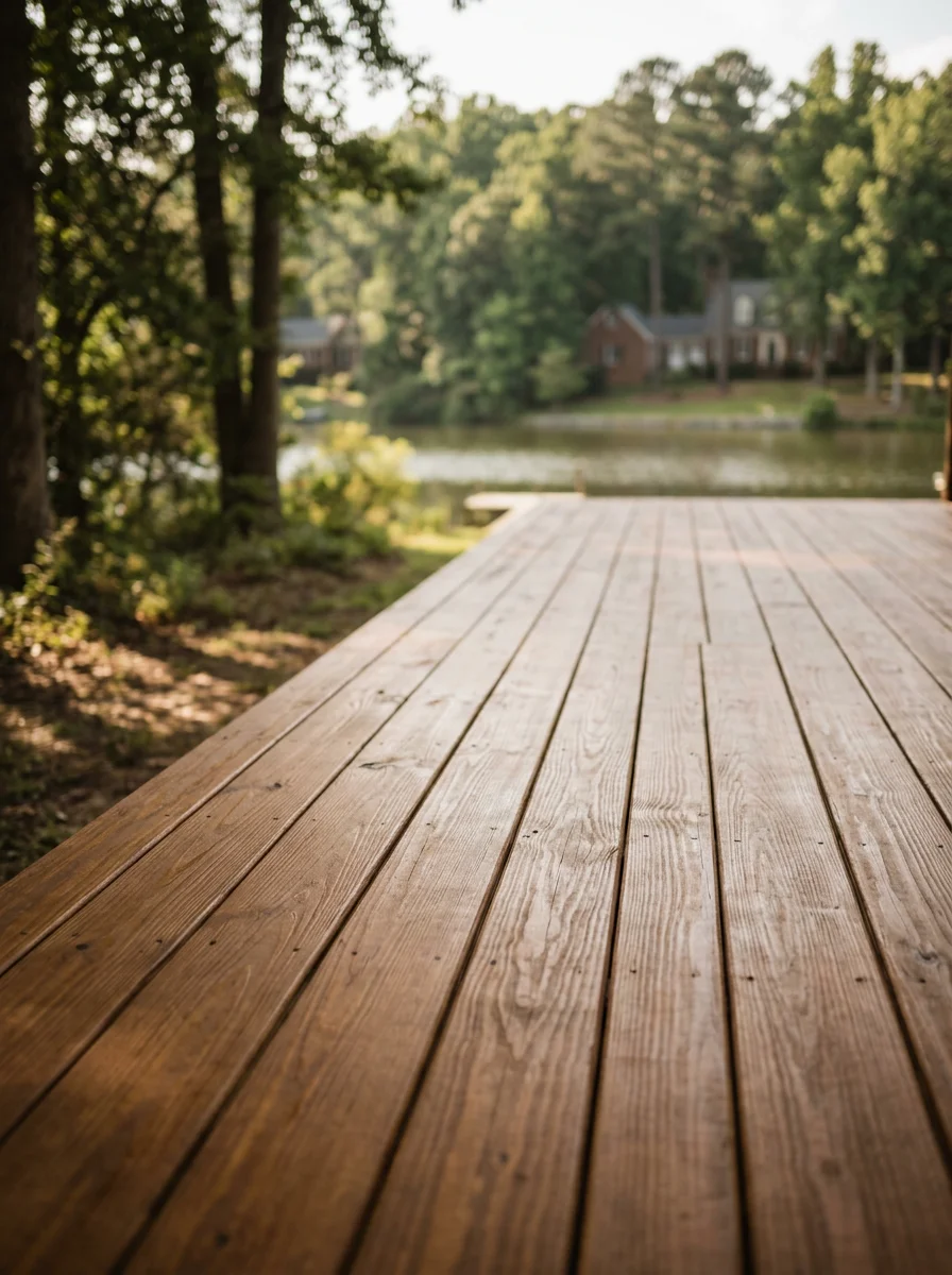 Freshly stained wood deck on a lakefront property near Lake Wilderness in Spotsylvania, Virginia, with clean decking boards and a uniform stain color.