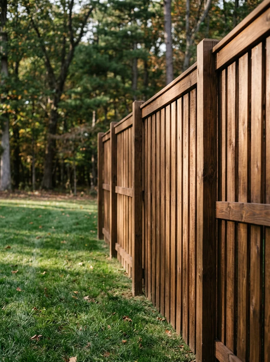 Freshly stained wood privacy fence on a large residential lot in Stafford, Virginia, with mature trees in the background.