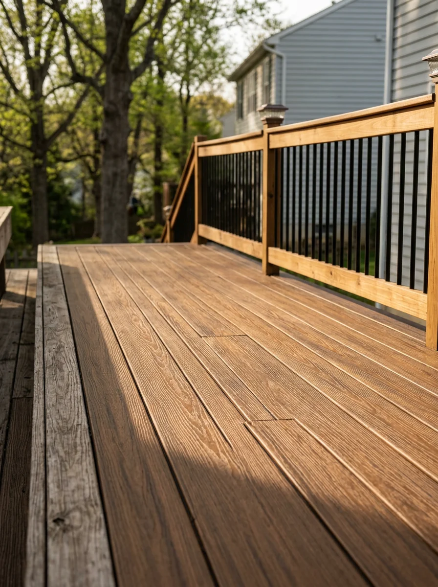Freshly stained wood deck on a Woodbridge, Virginia home near the Occoquan River, with clean railing posts and a uniform stain color across the decking boards.