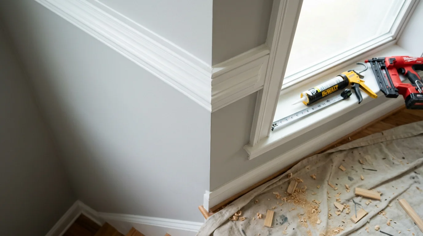 Freshly installed white crown molding and baseboards in a La Plata, Maryland home interior, with clean miter joints at the corners and a smooth painted finish along the walls.