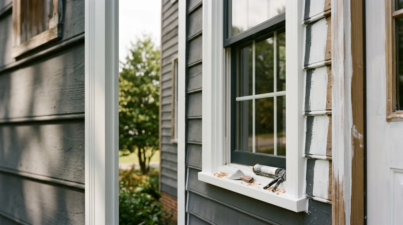 Close-up of freshly repaired and painted exterior window trim on a single-family home in La Plata, Maryland. The wood surface is smooth, clean, and free of cracks or rot damage.