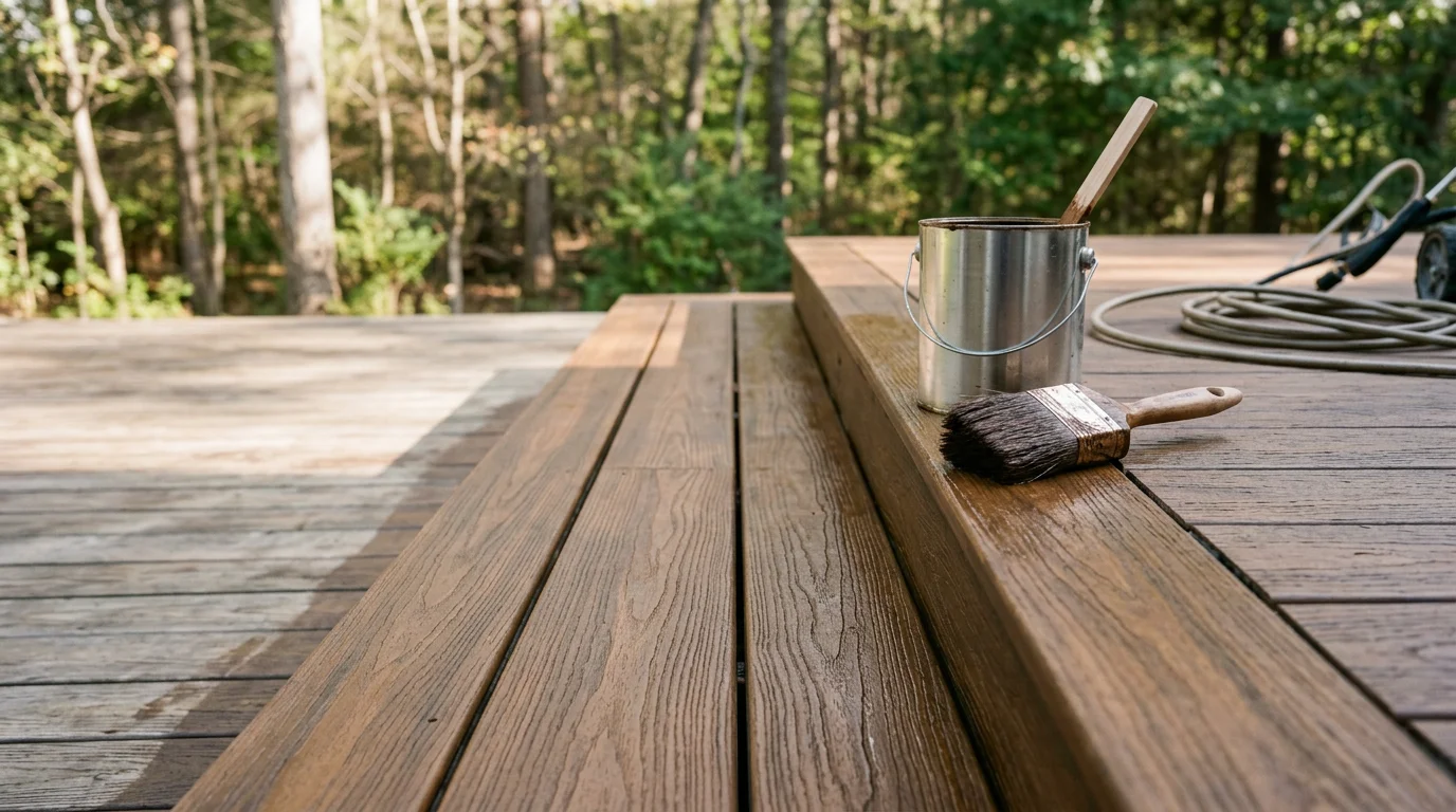 A freshly stained wood deck attached to a residential home in La Plata, Maryland, showing an even, rich finish across all boards and railings. The deck surface is clean and smooth with no fading or gray weathered wood visible.