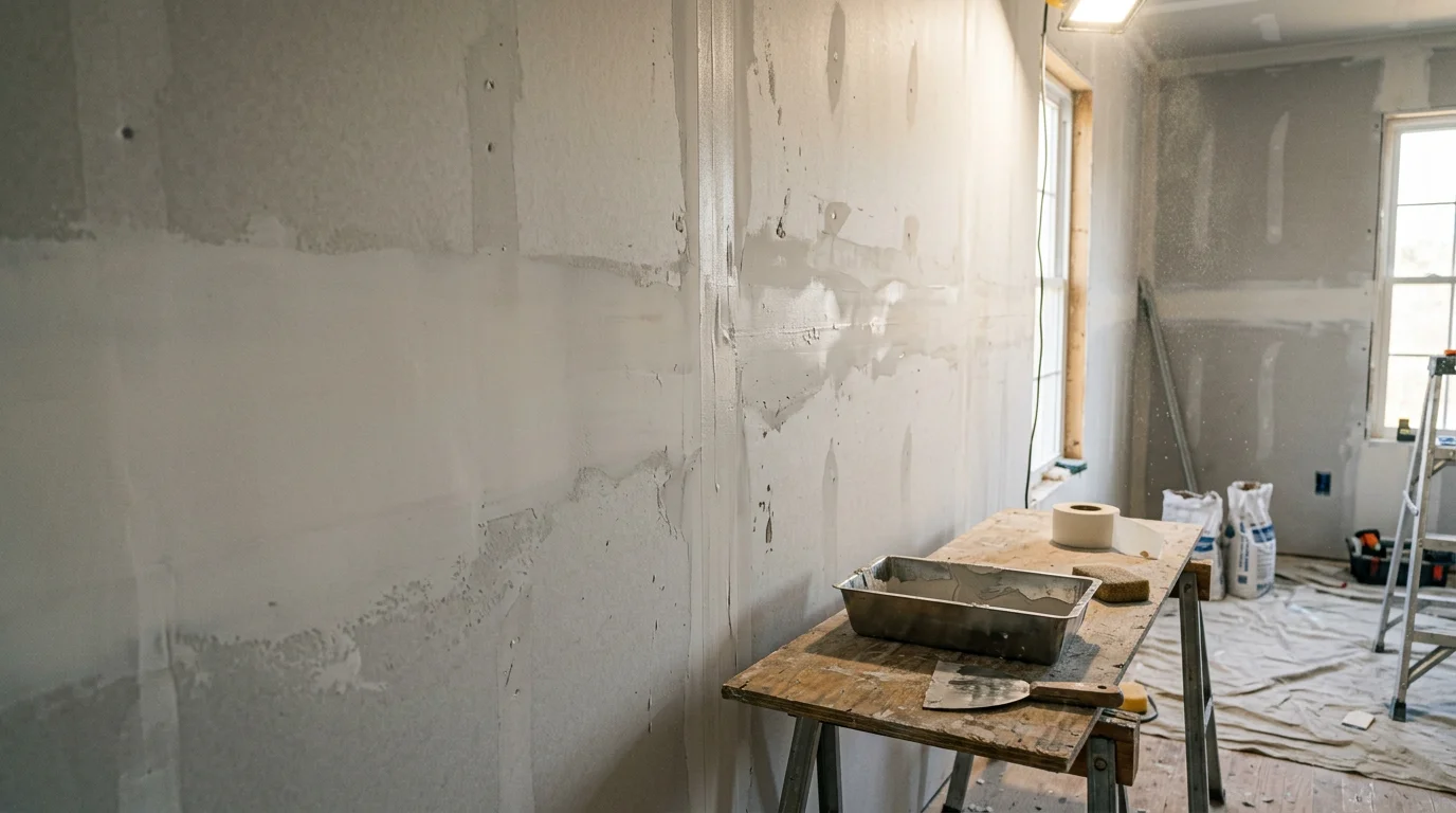 A freshly installed and finish-sanded drywall wall inside a La Plata, Maryland home, showing smooth, seam-free surfaces ready for paint. The room has clean corners and consistent texture across the ceiling and walls.