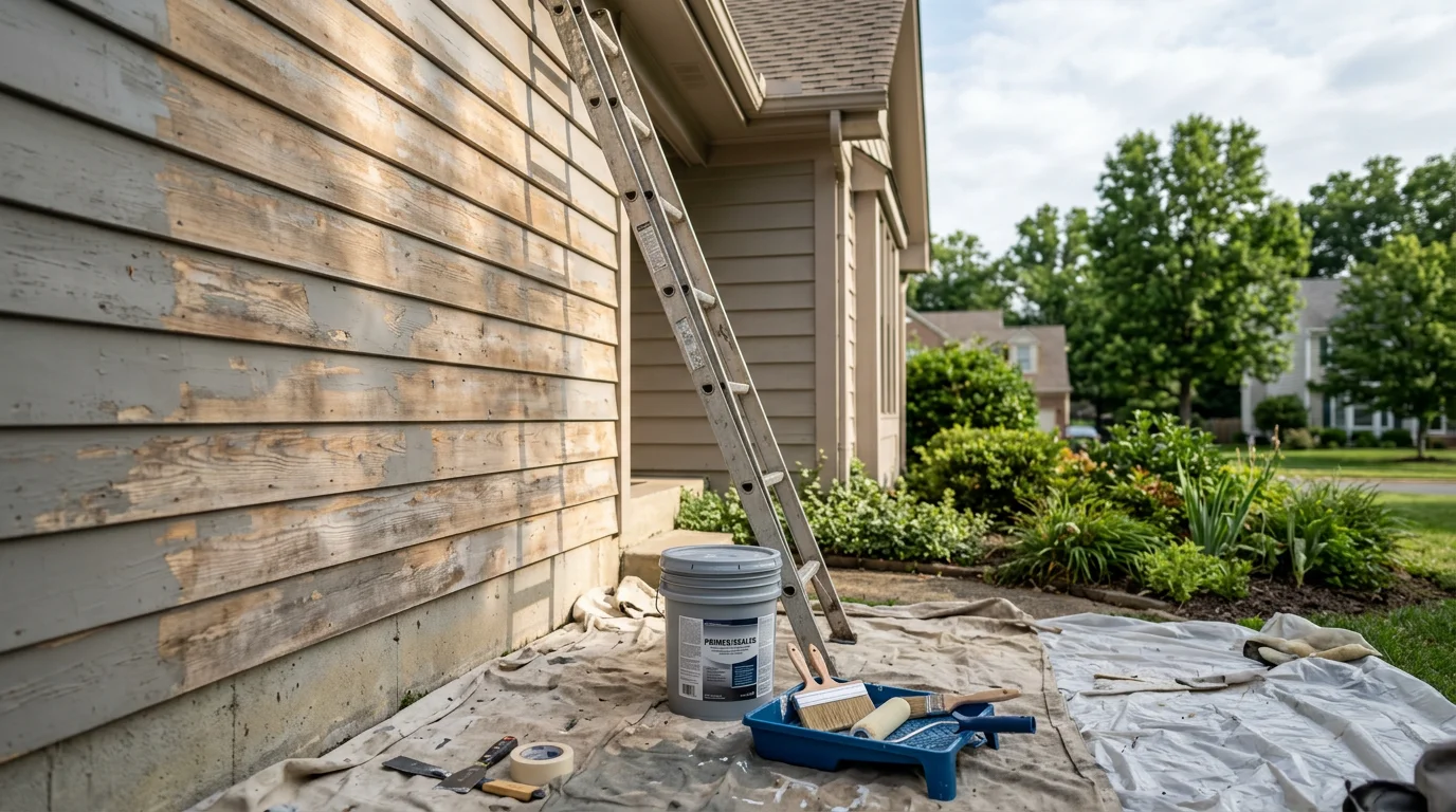 A freshly painted two-story home exterior in La Plata, Maryland with clean white siding and dark trim. The paint is smooth and even across the siding, shutters, and fascia with no visible brush marks or drips.