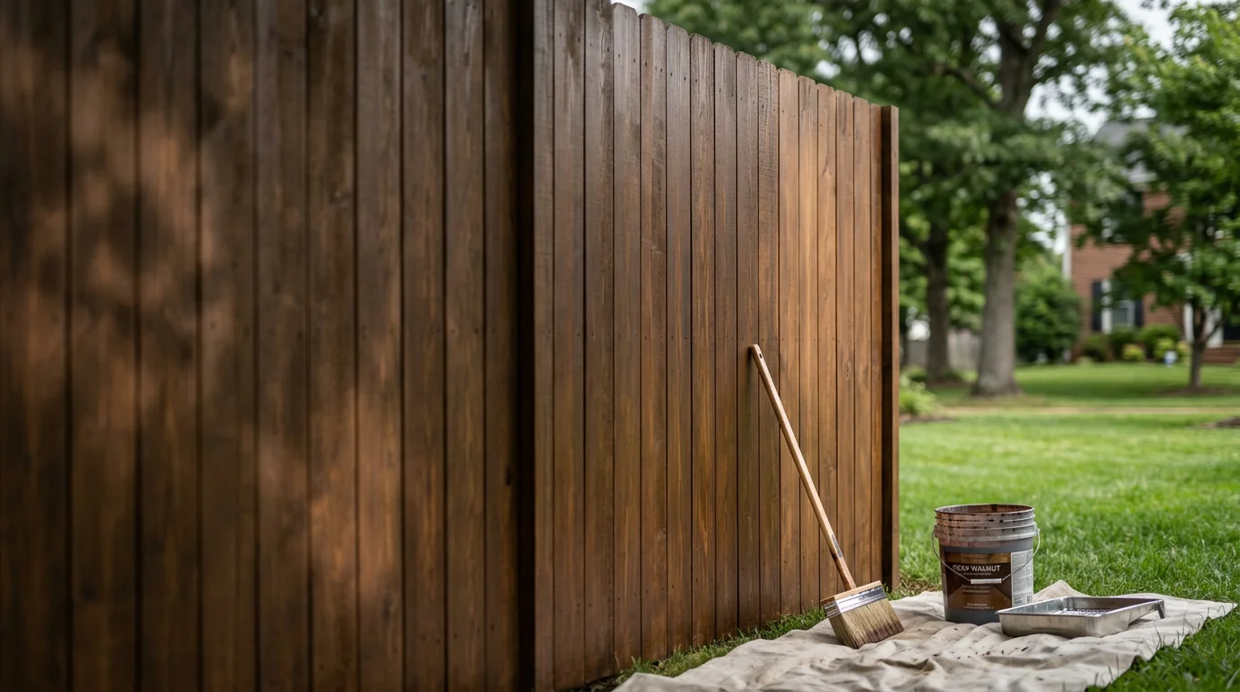 A freshly stained wood privacy fence in a La Plata, Maryland residential backyard, showing an even, rich brown tone across all boards. The fence runs along a green lawn with no visible peeling, graying, or weathering.