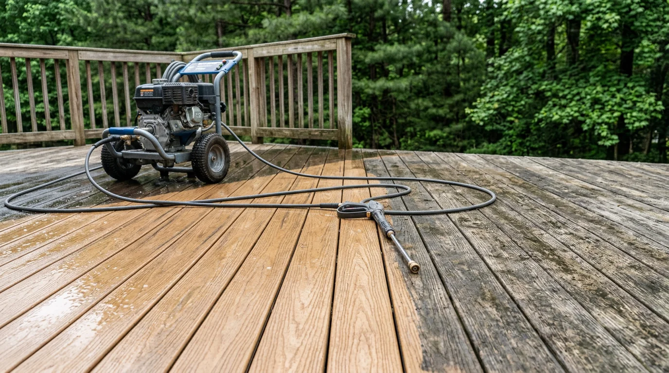 A concrete driveway and home exterior in La Plata, Maryland being power washed, with dark mildew and grime visibly lifting from the surface. The cleaned half of the driveway shows bright, restored concrete next to the uncleaned section.